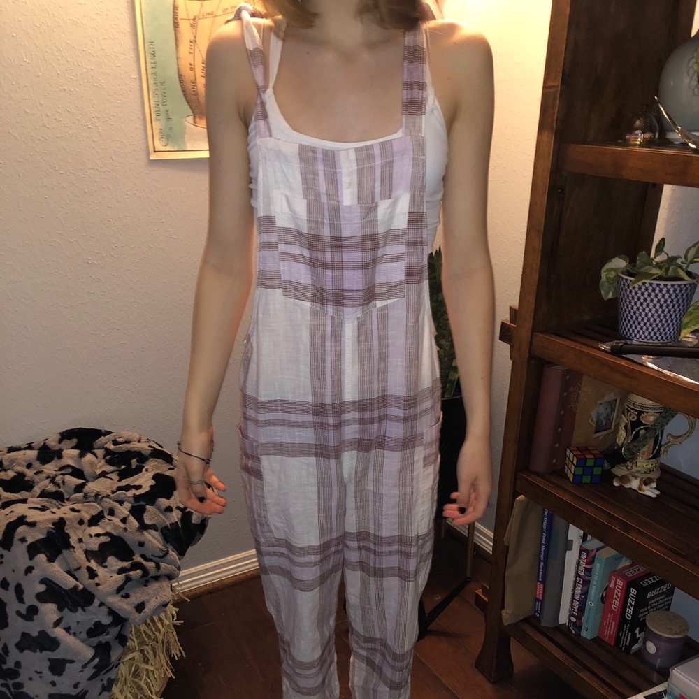 Linen plaid overalls